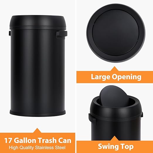 GarveeHome 17 gal/65 L Swing Top Trash Can, Stainless Steel Rubbish Bin, Commercial Grade Waste Container, Round Garbage Can for Outdoor, Home Office, Restaurant, Black