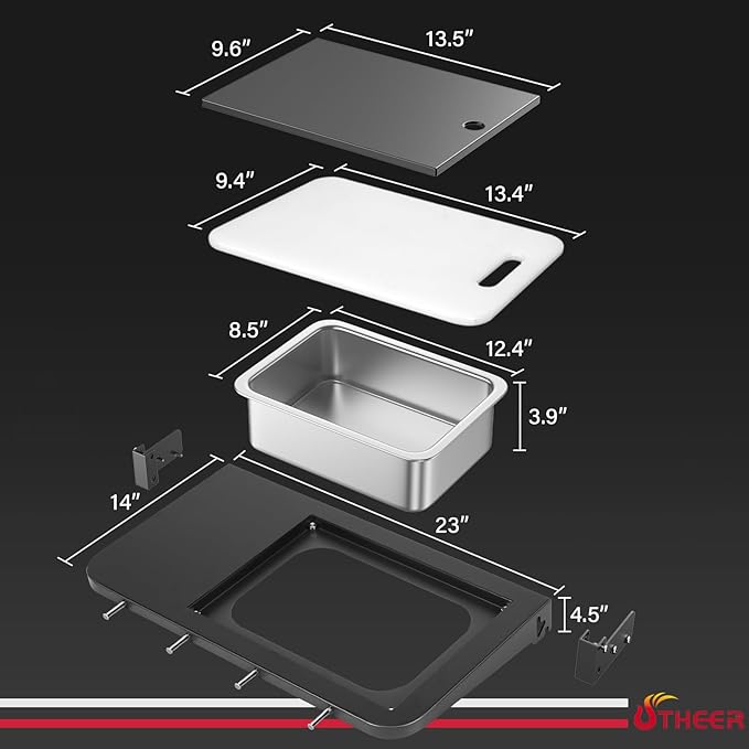 Utheer Front Folding Grill Table for Weber Searwood 600 – 23" x 14" Large Front Shelf with Stainless Steel Basin, Works Cutting Board, Lid & 5 Hooks, Heavy-Duty Weber Searwood 600 Accessories