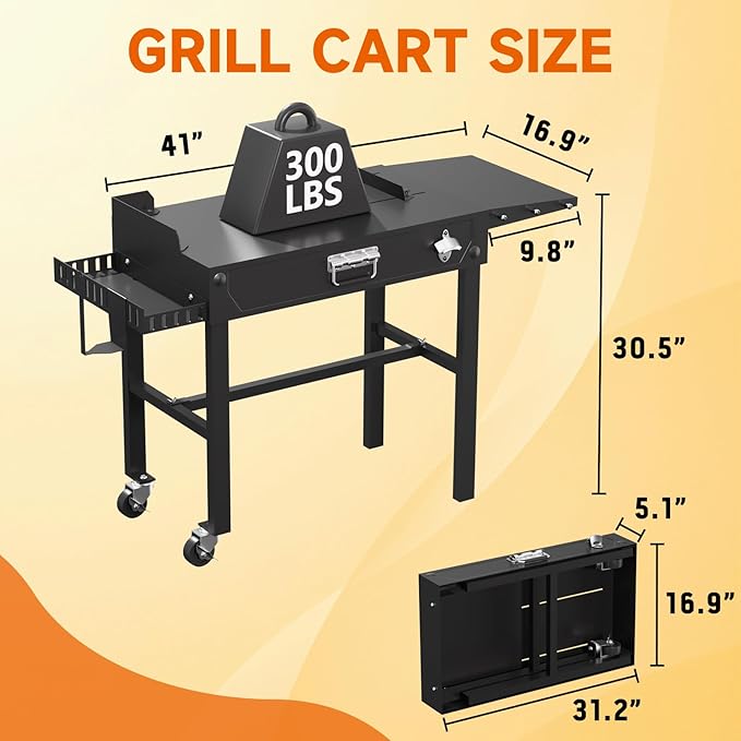 Grill Cart, Portable Grill Table for Blackstone Griddle, Foldable Outdoor BBQ Stand with Side Tray ＆ Hooks, Movable Pizza Oven Table for Outdoor Use, Fit 17"/25"/30" Large Space