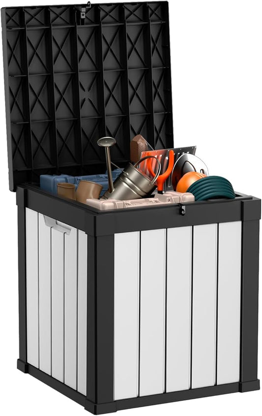 EasyUp 50 Gallon Deck Box Outdoor Storage Box for Patio Furniture,Outdoor Cushions,Garden Tools and Pool Supplies,Waterproof,Resin（Black&White）