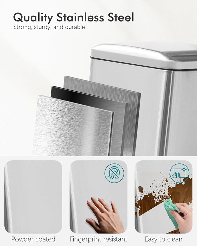 8 Gallon SquareTrash Can with Soft Close Lid, Stainless Steel Trash Can with Removal Inner Bucket, Hand -Free Trash Bin for Kitchen, Office, Laundry, Bathroom, 30 Liter Capacity, Silver