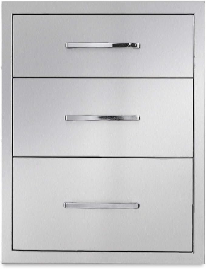 Outdoor Kitchen Drawers Stainless Steel 3-Drawer BBQ Drawer 18" W x 21" H x 23" D Enclosed Built-in Drawer Flush Mount for Outdoor Kitchens & BBQ Islands