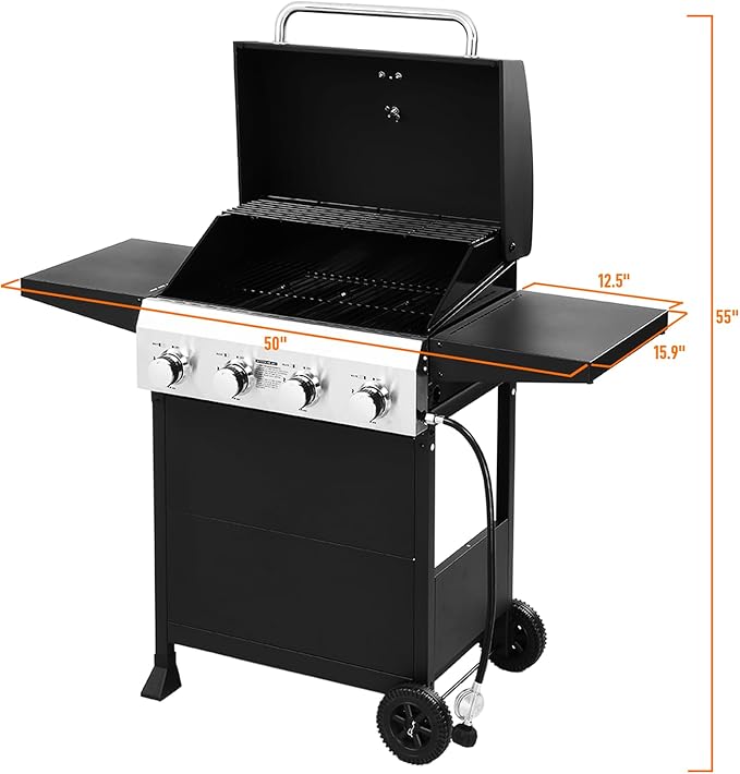 ROVSUN 4-Burner Propane Gas BBQ Grill with Foldable Side Tables & Enameled Cast Iron Grates, 40,000 BTU Barbecue Grill with Portable Wheels for Outdoor Patio Backyard Cooking Grilling, Black