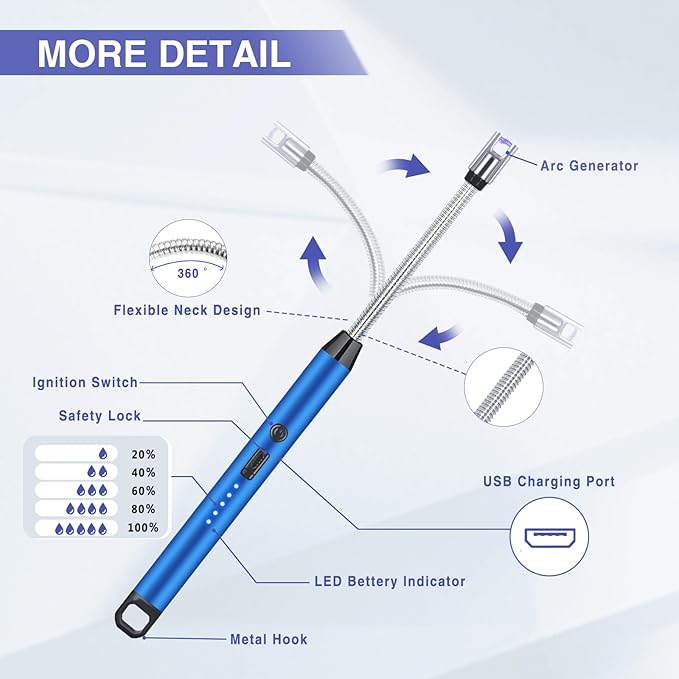 2 PCS Candle Lighter, Electric Lighter Arc Windproof Flameless with 360° Flexible Neck & LED Power Display, Lighters for Candle for BBQ, Grill, Camping, Fireplace, Stove(Blue)