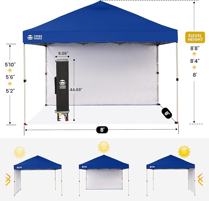 CROWN SHADES 8x8 Pop Up Canopy with 1 Side Wall - Beach Tent with One Push Setup - Outdoor Sun Shade for Events, Parties, Camping - Gazebo with STO-N-Go Cover Bag (Navy Blue)