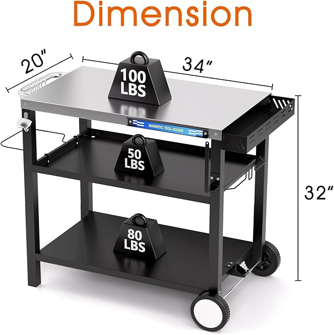 34" L x 20" W Stainless Steel Outdoor Grill Table, Grill Cart for Outside, Pizza Oven Table Stand with Magnetic Tool Holder, Wheels,Hooks, Side Tray &Handle