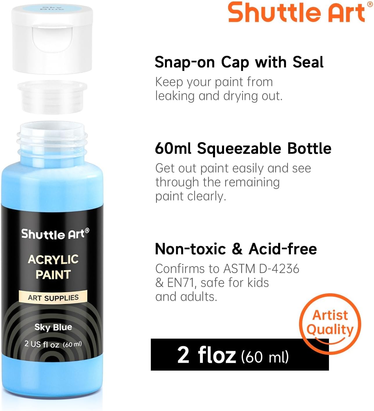 54 Colors Acrylic Paint, Shuttle Art Acrylic Paint set with 12 Paint Brushes, 2oz/60ml Bottles, Rich Pigmented, Water Proof, Premium Paints for Artists, Beginners and Kids on Canvas Rocks Wood Ceramic