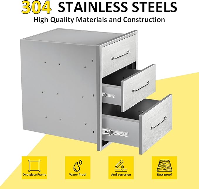 Outdoor Kitchen Drawers 14" W x 21"H x 21"D Stainless Steel Drawer Flush Mount Triple BBQ Drawers with Chrome Handle for Outdoor Kitchen Island, Patio Grill Station