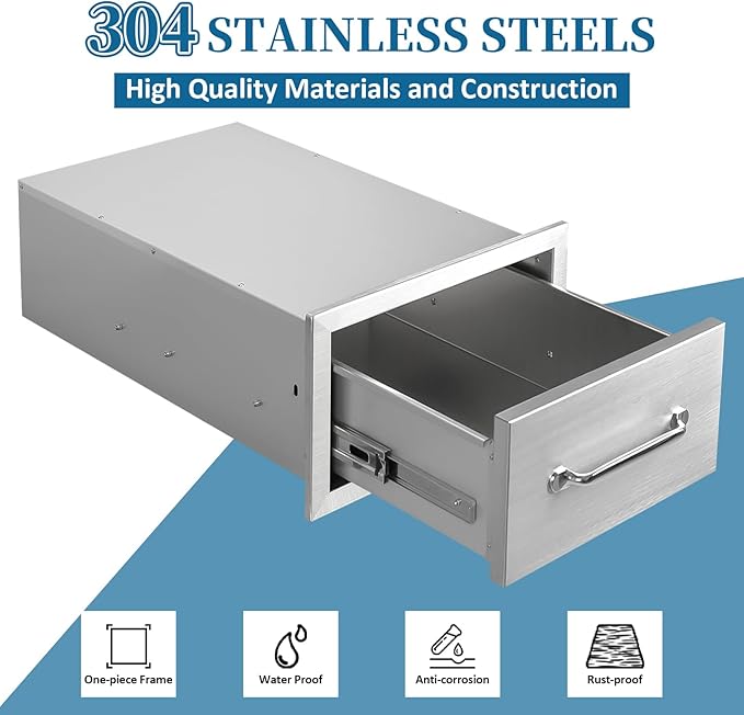 Outdoor Kitchen Drawers 14"Wx8.5"Hx23"D Flush Mount Access Single Drawer BBQ Stainless Steel Drawers with Handle for Outdoor Kitchen Island or Grill Station