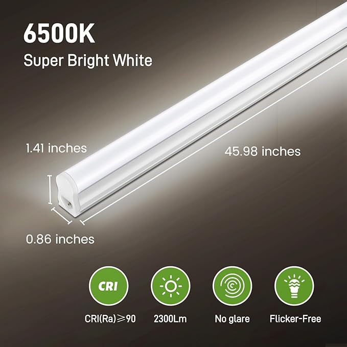Pak 4FT LED Shop Lights, 2300LM 6500K Cool White, 20W Energy-Saving Super Bright Linkable T5 Ceiling and Under Cabinet Lighting Fixture for Garage, Workshop, Basement, Warehouse, FCC Certified, 6 Pack
