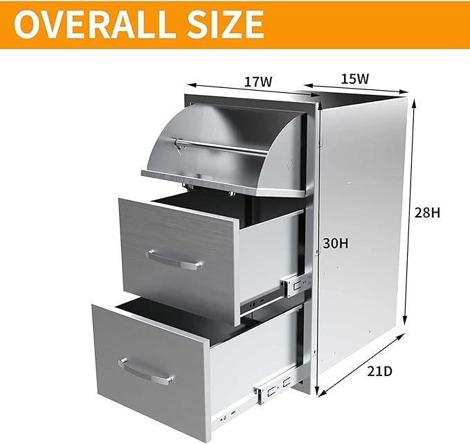BBQ Outdoor Kitchen Drawers Stainless Steel 3-Drawer BBQ Drawer Enclosed Built-in Drawer Flush Mount for Outdoor Kitchens & BBQ Islands,17Wx30Hx21D Inch