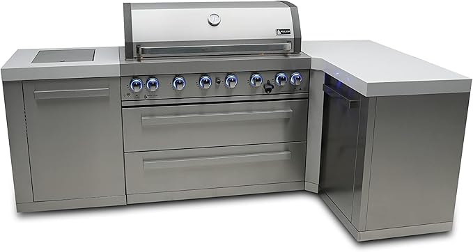 Mont Alpi MAi805-90 44-inch 6-Burner 115000 BTU 90 Degree Corner Stainless Steel Gas Outdoor Kitchen Bar Barbecue Island Grill + Infrared Side & Rear Burners + Granite Countertops + Storage Drawers