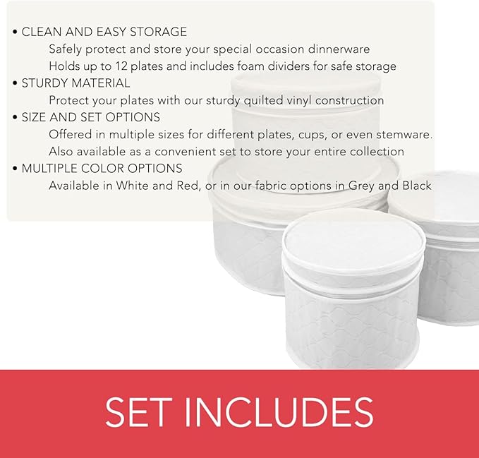 LAMINET 4 Piece Quilted Plate Storage Set - Holds Up to 48 Plates with Padded Inserts - WHITE