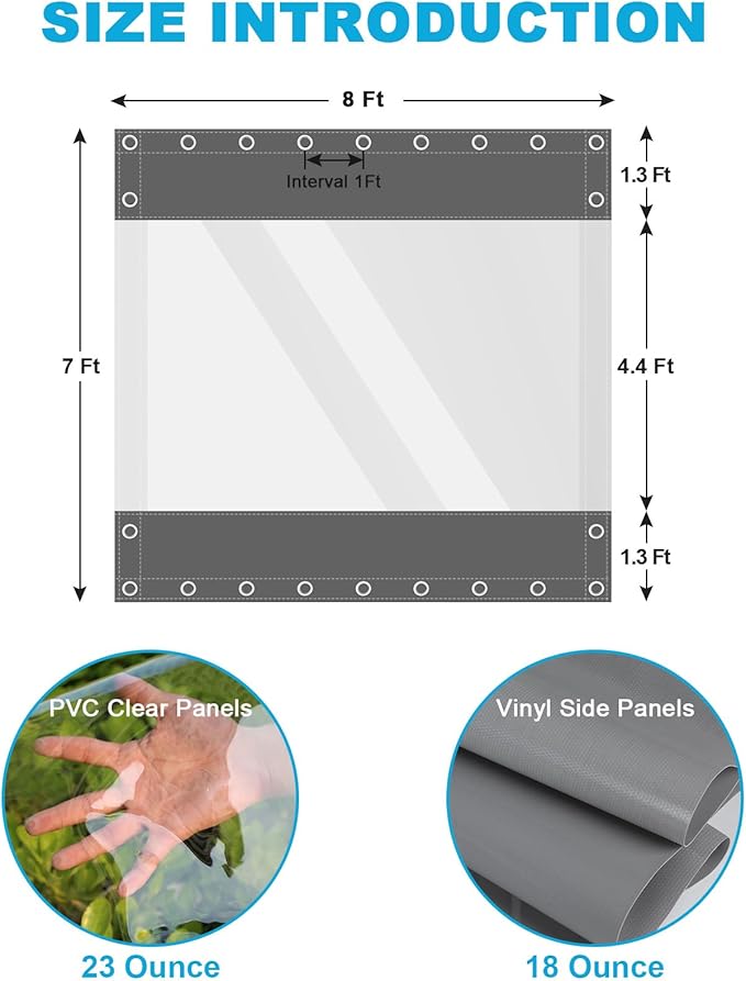 Clear Vinyl Curtains for Patio Enclosure, 23oz Heavy Duty Waterproof Anti-UV and Tear-Resistant Tarpaulin with Grommets, Weatherproof Panels for Porch, Pergola, Gazebo, Balcony, Outdoor