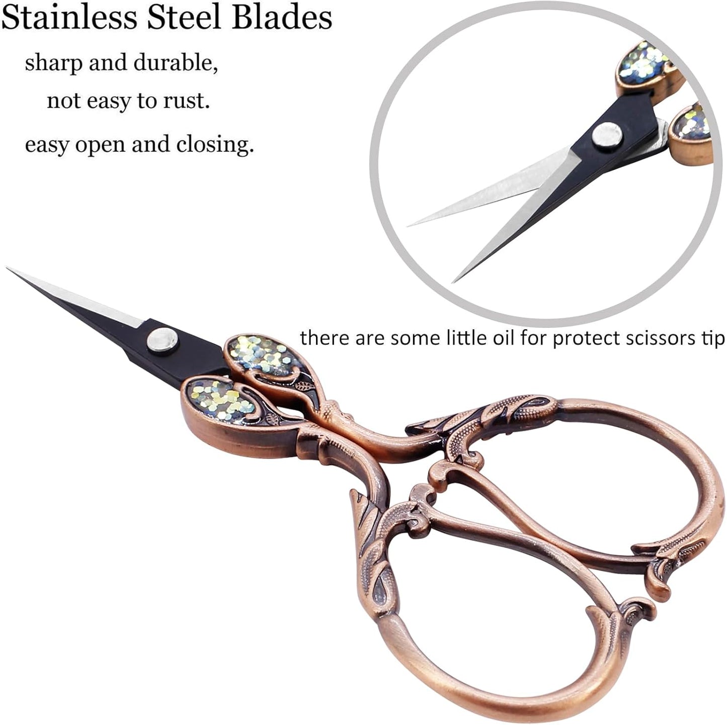BIHRTC 4.5 Inch Small Vintage Embroidery Scissors with Artificial Leather Cover Stainless Steel Pointed Tip Shears Mini Scissors for Needlework Threading Craft DIY Tools Art Work Everyday Use