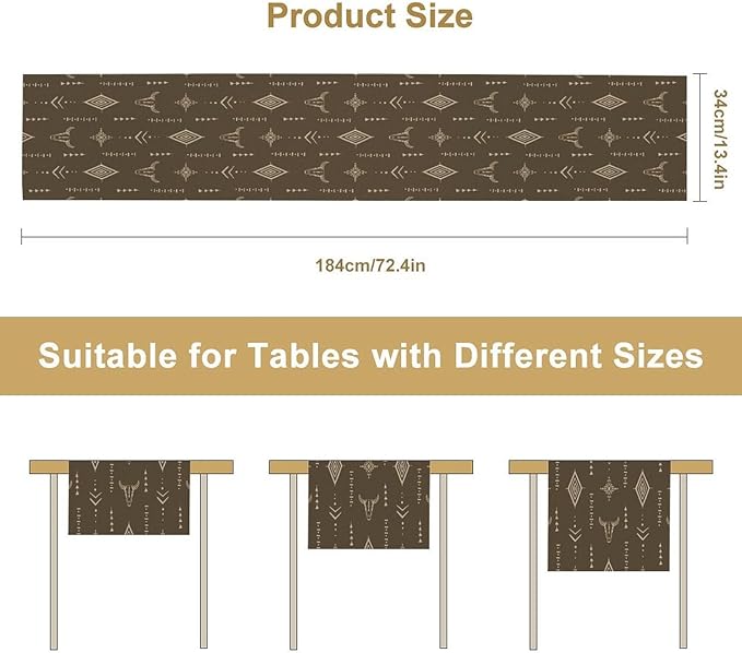 Western Cow Skull Table Runner,Vintage Boho Aztec Cow Ethnic Pattern Printed Table Runner for Home Kitchen Dining Farmhouse Coffee 13x120in