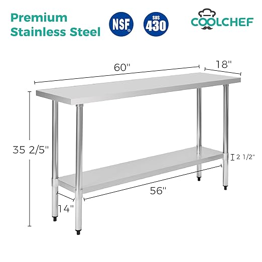 Stainless Steel Work Table 18 x 60 Inch, NSF Commercial Prep Table with Undershelf, Heavy Duty Food Prep Workstation