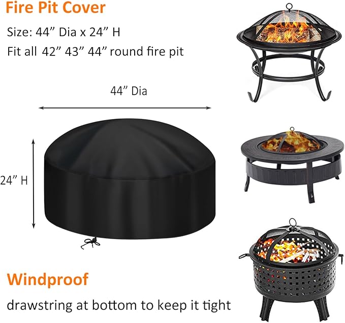 44-Inch Fire Pit Cover for 42-44 inch Round Fire Pit, Heavy Duty 300D Oxford Fabric Waterproof Dustproof Fire Bowl Cover All-Season Protection 44"Dia x 24"H