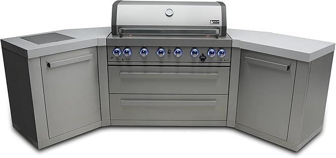 Mont Alpi MAi805-45 44-inch 6-Burner 115000 BTU 45 Degree Stainless Steel Gas Outdoor Kitchen Bar Barbecue Island Grill + Infrared Side & Rear Burners + Granite Countertops + Storage Drawers