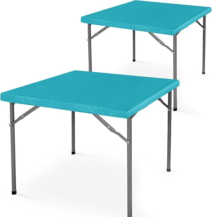 LUSHVIDA 2 Packs Vinyl Card Tablecloth with Flannel Backing 36x36 inch - Waterproof Plastic Picnic Table Cover for Square Folding Table Cloth with Elastic Corners, Teal