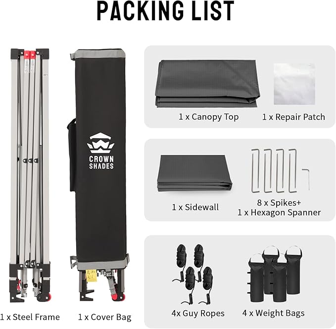 CROWN SHADES 10x10 Pop Up Canopy with 1 Side Wall - Beach Tent with One Push Setup - Outdoor Sun Shade for Events, Parties, Camping - Gazebo with STO-N-Go Cover Bag (Grid Grey)