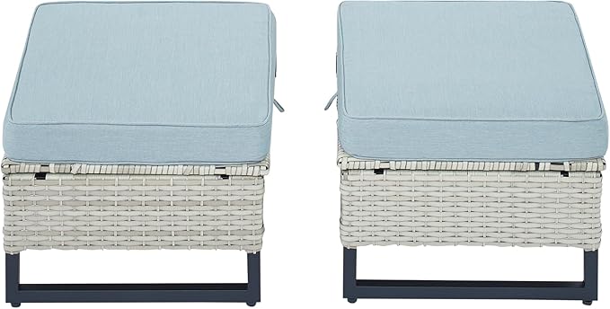 HUMMUH Outdoor Ottomans for Patio Set of 2 PE Wicker Outdoor Footstool with Removable Weather-Resistant Cushions for Patio, Backyard Light Grey Lake Blue
