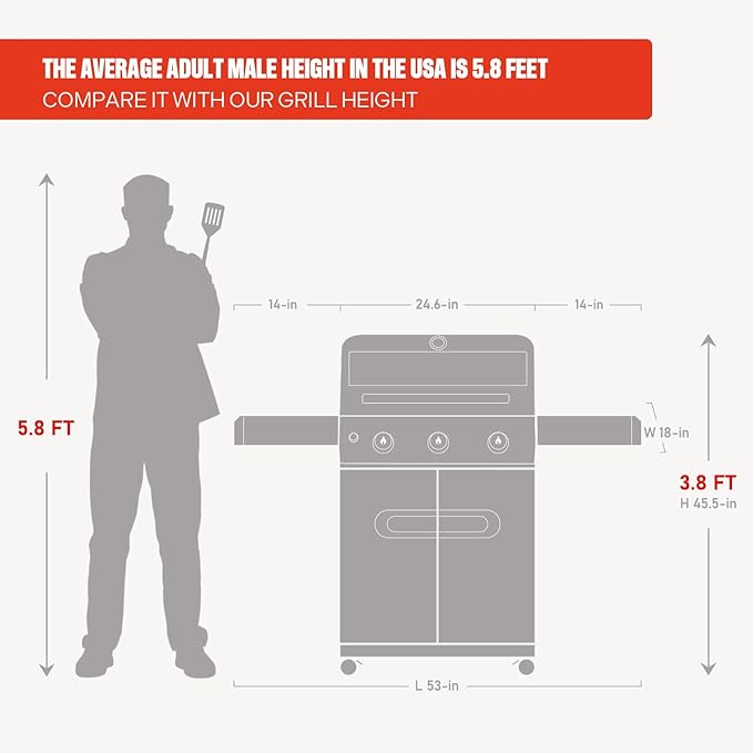 Monument Grills Outdoor Barbecue Stainless Steel 3 Burner Propane Gas Grill, 48,000 BTU Patio Garden Grill with Side Burner and Knob Controls, Mesa325 with BBQ Cover