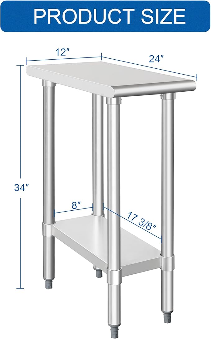 HARDURA Stainless Steel Table 24X12 Inches with Undershelf and Galvanized Legs NSF Heavy Duty Commercial Prep Work Table for Restaurant Kitchen Home and Hotel