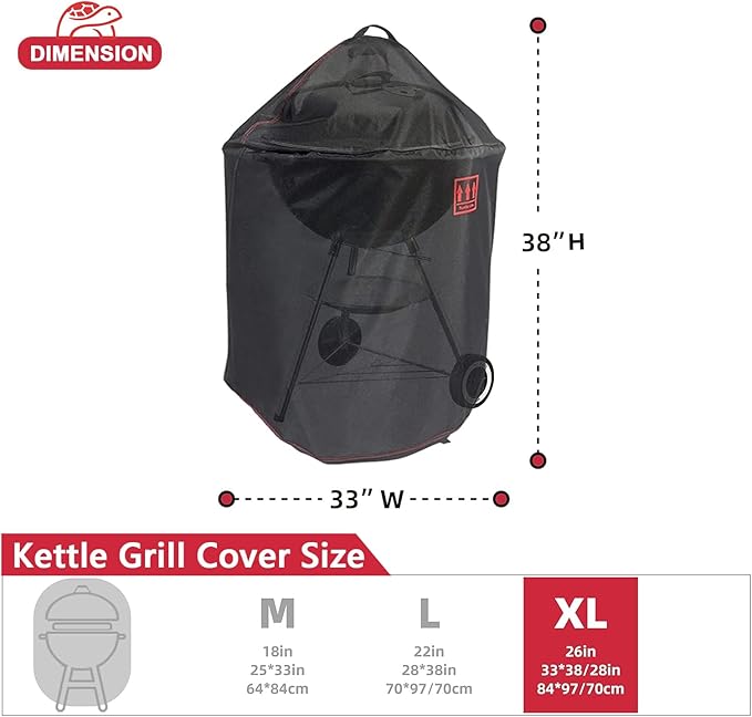 Turtle Life Round BBQ Grill Cover, 26inch Heavy Duty Durable Waterproof Rip Resistant UV Resistant Charcoal Kettle Grill Cover, Dia33 x38 H, Black