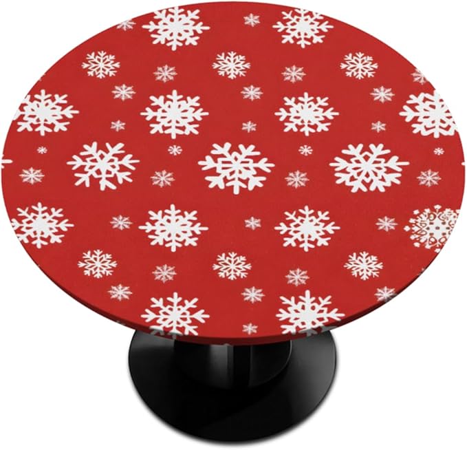 Christmas Snowflake Red White Round Table Cloth Cover, Elastic Edge Waterproof Wipeable Tablecloths 36"-42" Polyester Tablecloth for Party Restaurant Banquet Holiday Camping Outdoor Picnic