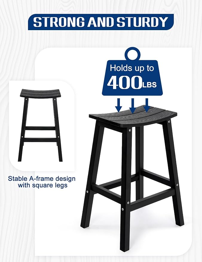 Weatherproof Bar Stools Set of 2, 28" Height Outdoor Bar Stools Holds up to 400 lbs, Saddle Seat, Bar Height Stools for Patio, Garden, and Kitchen Island, Black