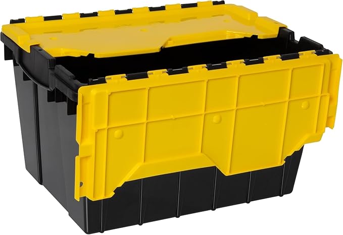 Akro-Mils KeepBox 12 Gallon Storage Container, Nesting and Stackable Plastic Storage Box with Lid Attached, Organizer Tote for Garages, Closets, and Moving, 21-1/2" x 15" x 12-1/2", Black/Yellow