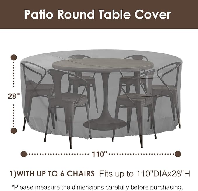 Vailge Round Patio Furniture Covers, 100% Waterproof Outdoor Table Chair Set Covers, Anti-Fading Cover for Outdoor Furniture Set, UV Resistant (Grey, 110"DIAx28"H)