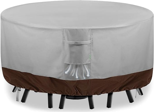 Round Patio Furniture Covers, 72" DIA x 28 H Waterproof Outdoor Furniture Cover for Patio Table & Chair Sets, 600D Heavy-duty UV-Resistant Fade-Proof Protection, Grey & Brown