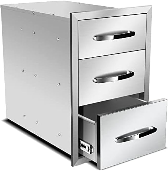 BBQ Outdoor Kitchen Drawers Stainless Steel 3-Drawer BBQ Drawer Enclosed Built-in Drawer Flush Mount for Outdoor Kitchens & BBQ Islands,14Wx21Dx21H