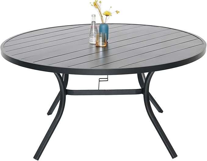 58" Patio Outdoor Round Table for 8 Person, All Weather Metal Black Round Patio Dining Table with Adjustable Umbrella Hole