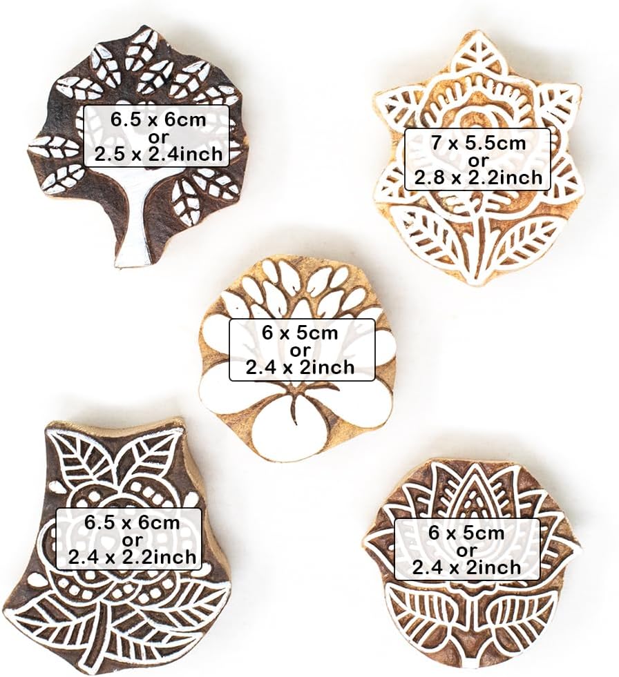 Floral Wood Printing Stamp Block for Printing Saree Border Dresses Craft Card Making Scrapbook Clay Pottery (Set of 5) Hashcart®