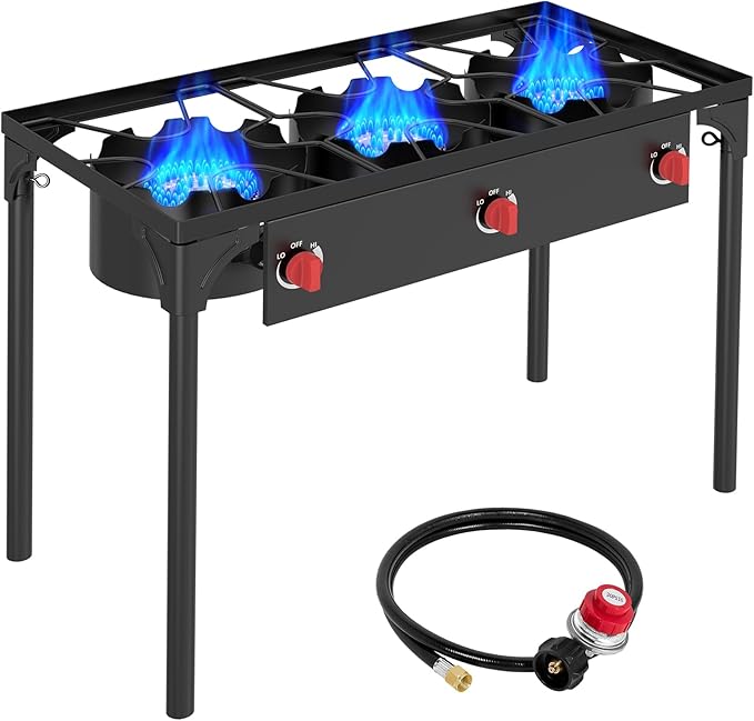 Llamaviva 3 Burner Gas Stove, Propane Outdoor Stove with Removable Legs,Auto Ignition Button&Regulator, 225,000 BTU,Propane Burners for Outdoor Cooking, Camping&BBQ Cookouts