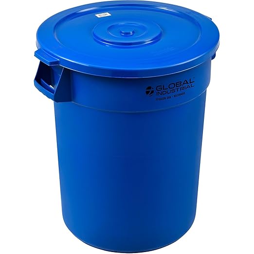 Global Industrial Commercial Round Trash Can, 32 Gallon Capacity, Plastic Garbage Can, Indoor and Outdoor Utility Trash Can, Blue, 21-3/4"W x 27-1/2"H, No Lid
