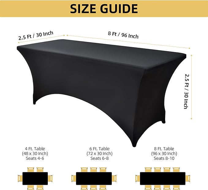 10-Pack 8ft Black Spandex Table Covers for Rectangle Folding Tables - Washable Elastic Tablecloth - Ultimate Fitted Table Protector for Parties, Trade Shows, Banquet, and Wedding
