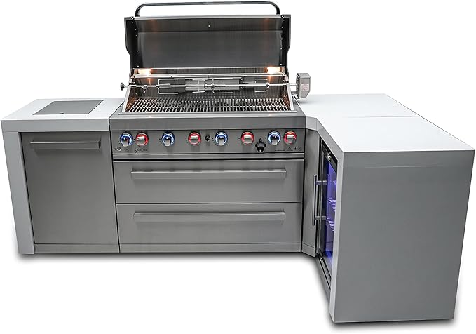 Mont Alpi MAi805-D90FC 44-inch 6-Burner 115000 BTU 90 Degree Corner Deluxe Stainless Steel Gas Outdoor Barbecue Island Grill w/Lockable Compact Refrigerator + Infrared Side Burner + Rotisserie Kit
