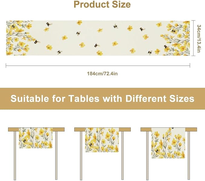 Yellow Wild Flowers Table Runner, Rustic Farmhouse Watercolor Daisy Floral Branches Bees Print Table Runner for Kitchen Dining Room Party Picnic Table Decor, 13x70inch