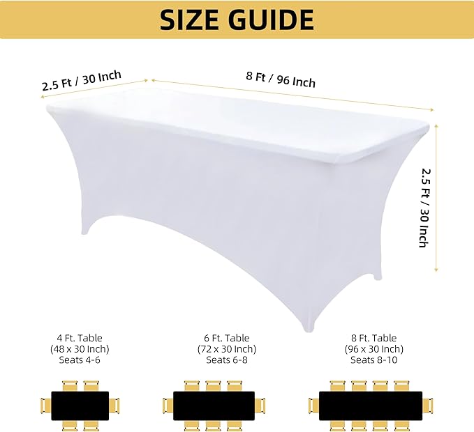 6-Pack 8ft White Spandex Table Covers for Rectangle Folding Tables - Washable Elastic Tablecloth - Ultimate Fitted Table Protector for Birthday Parties, Trade Shows, Banquet
