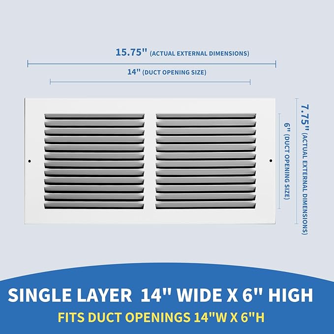 14x6 Vent Cover (Duct Opening Size), Air Return Vent Cover, AC Vent Cover, Cold Air Return Vent Cover, Flat Return Air Grilles, Outer Dimensions:15.75"W x 7.75"H (14"W x 6"H, Duct Opening)