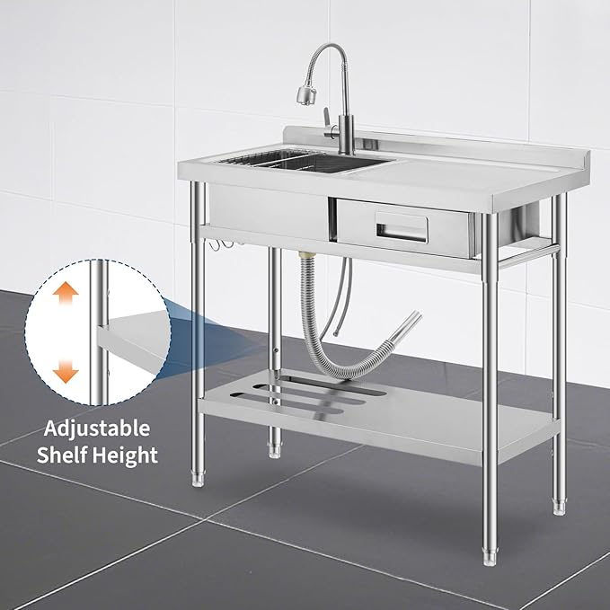 Freestanding Stainless Steel Utility Sink with Workbench, Right Drawer, Commercial Kitchen Sink with Faucet, Hot & Cold Water, Storage Shelf, S-Hook, Knife Holder, Adjustable Leg for Indoor Outdoor