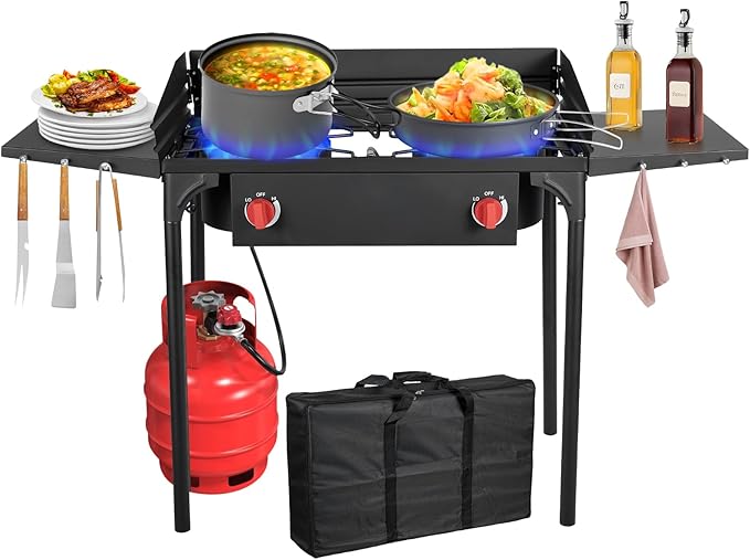 Llamaviva 2 Burner Propane Stove with Windpanel, Camping Stove with Side Shelves, 150000 BTU Propane Burners Removable Legs & Regulator Hose & Carrying Bag