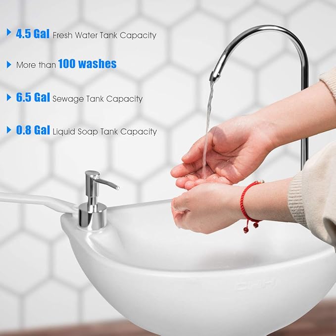 S AFSTAR Portable Hand Sink, Camping Sink with Wheels, 4.5 Gal Water Tank & Soap Dispenser, Rolling Hand Wash Basin Stand W/6.5 Gal Sewage Tank, Foot Pump Hand Wash Station for RV Outdoor Gatherings