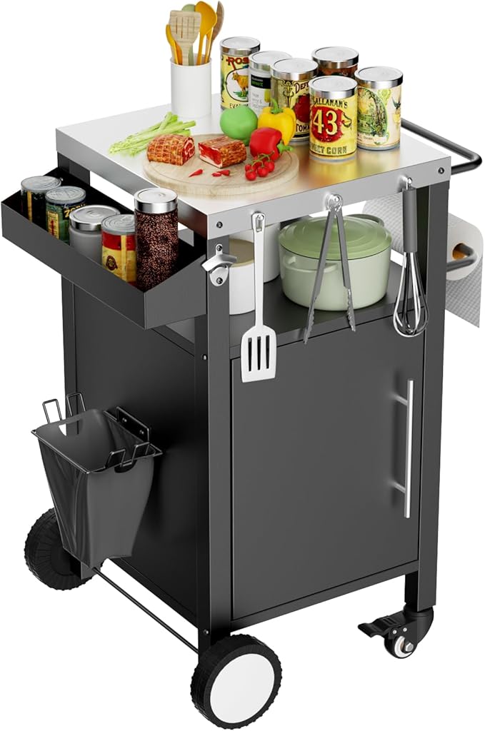Outdoor Grill Cart with Patio Furniture, Outdoor Grill Table with Storage,Rolling Bar Cart Outdoor BBQ Cart with Hooks and Spice Rack for Grilling Accessories(Single Door, Black)