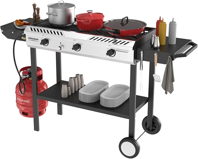 ROVSUN 3 Burner Propane Stove with Auto Ignition, 225,000 BTU Gas Stove with Side Shelves, Rolling Wheels & Regulator for Home Outdoor Backyard Camping Cooking Frying Brewing Canning