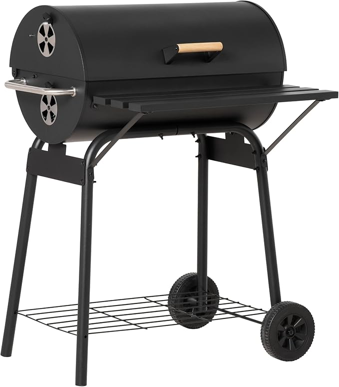30 Inch Portable Barrel Charcoal Grill with Offset Smoker, Steel Outdoor BBQ Grill with Storage Shelves and Wheels, Charcoal Smoker Grill for Backyard, Camping & Picnic